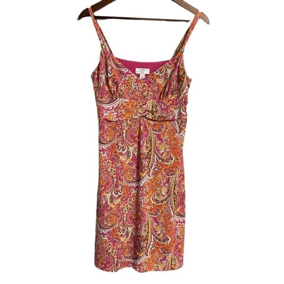 LOFT Women's Pink Orange Paisley Y2K Retro Beaded Strap Stretch Mini Dress 10P - Picture 1 of 7